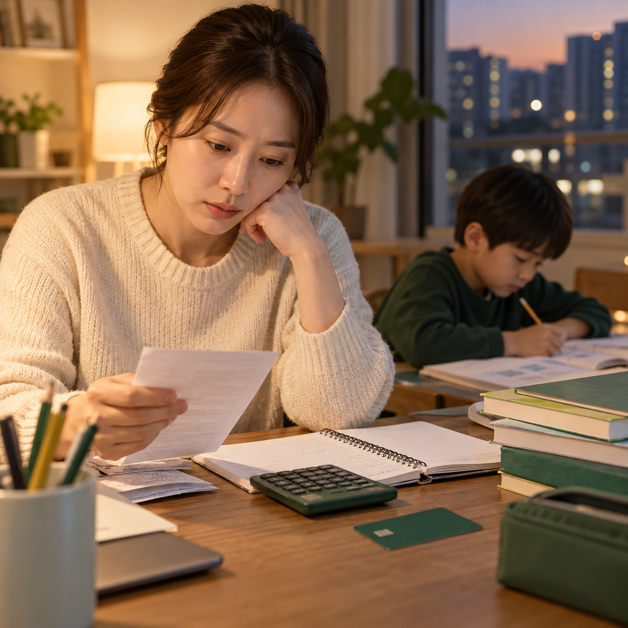 노트와 계산기로 교육비 예산을 확인하는 집 안의 책상 · AI 제작 이미지