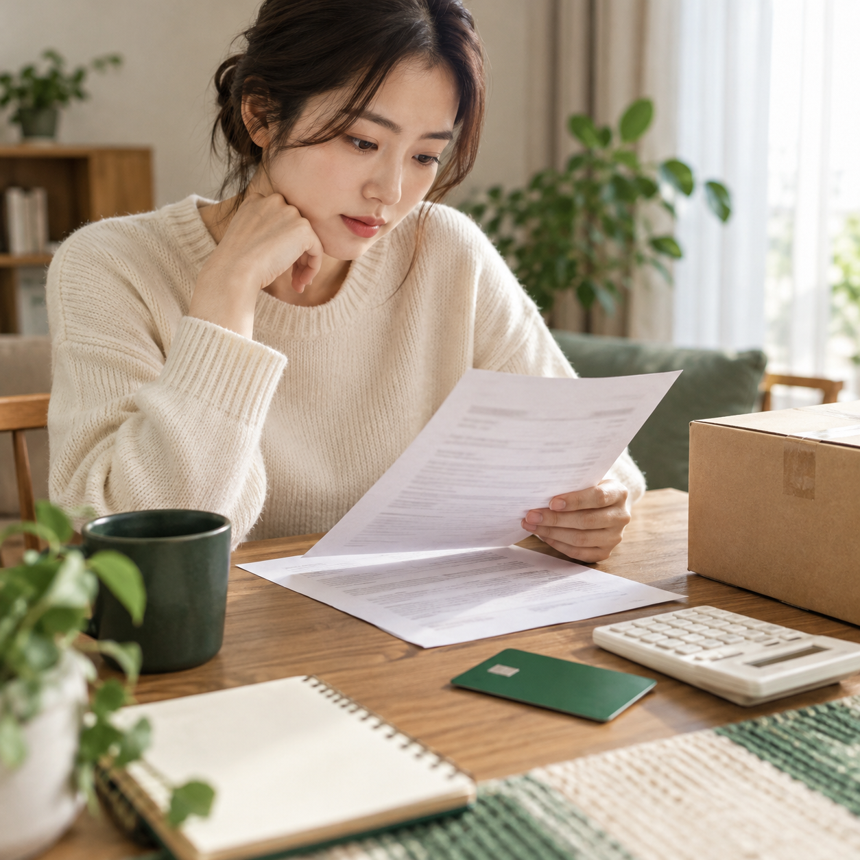 구매 계약서와 택배 상자 옆에서 할부 내역을 확인하는 책상 · AI 제작 이미지