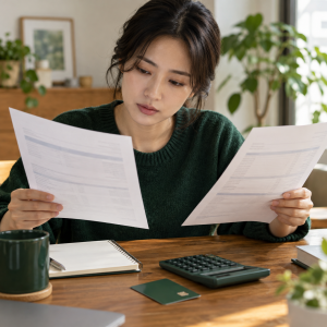 서로 다른 금융 안내 서류를 들고 상환 조건을 비교하는 사람 · AI 제작 이미지