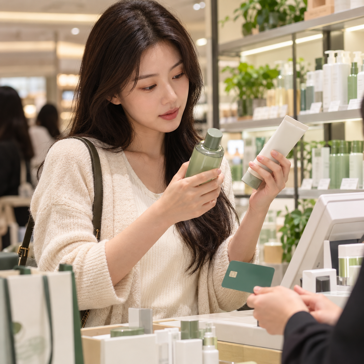 화장품 매장에서 스킨케어 제품과 결제 카드를 확인하는 사람 · AI 제작 이미지
