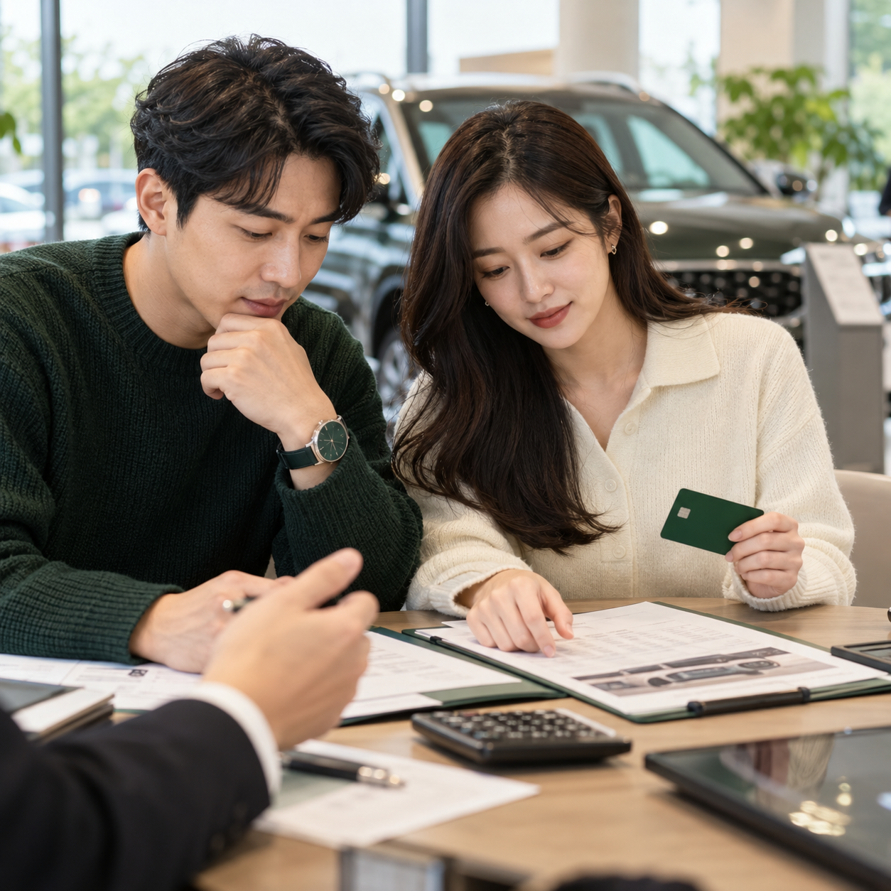 자동차 전시장에서 차량 구매 예산과 포인트 조건을 확인하는 성인 두 사람 · AI 제작 이미지