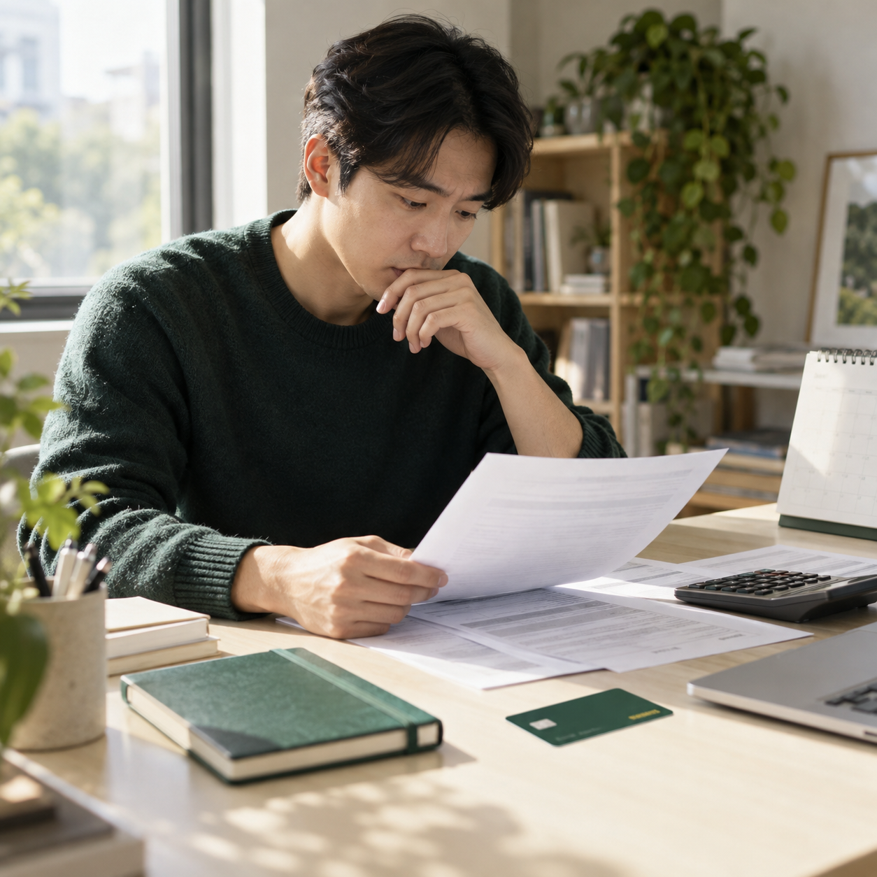 달력과 계산기를 두고 카드론 서류를 검토하는 성인 · AI 제작 이미지